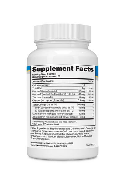 Lipotriad Adult 50+ Eye Vitamin and Mineral Supplement - ONE Per Day Eye Vitamin w/10mg Lutein, Zeaxanthin, Omega 3, Vitamin C, E, Zinc Copper - 2mo Supply, 60 Softgels (1 Pack)